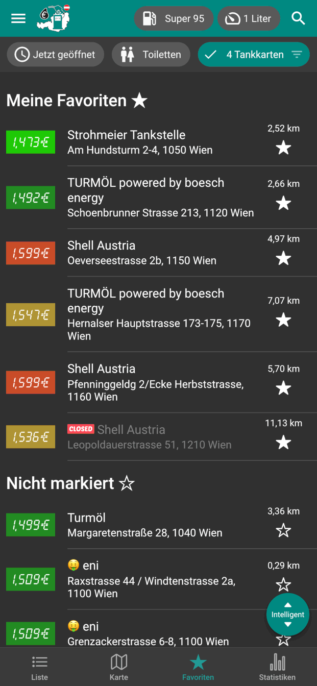 Meine Favoriten in der App Spritpreise Österreich