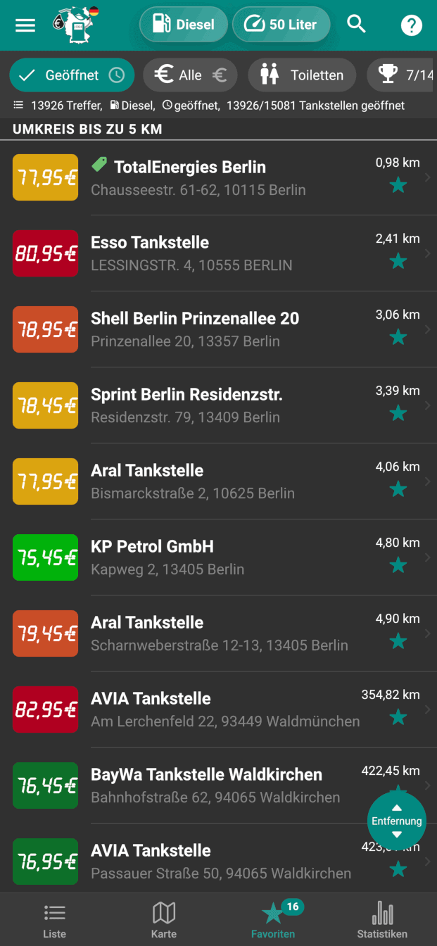 Spritpreise Deutschland: Listenansicht mit diversen Filter- und Suchfunktionen